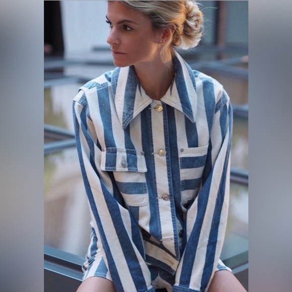 Current/Elliott Sammy Jacket Bay Stripe Blue & Cream Denim Jacket Classy XS 0 - Picture 2 of 14